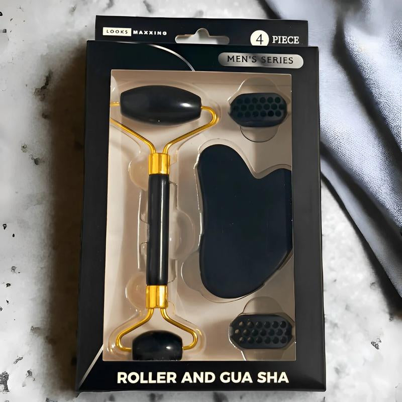 LOOKSMAXXING Kit for Men - Jade Face Roller, Gua Sha, Jaw Trainers. Jawline Shaper Kit Ideal for Mewing Training and Skincare Comfort Tools