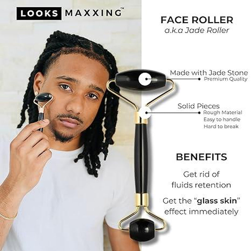 LOOKSMAXXING Kit for Men - Jade Face Roller, Gua Sha, Jaw Trainers. Jawline Shaper Kit Ideal for Mewing Training and Skincare Comfort Tools